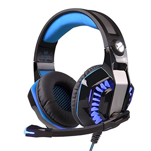 XHN Gaming Headset con micrófono para PC Ps4, sonido estéreo sobre auriculares con reducción de ruido micrófono control de volumen y luz LED para ordenador portátil Tablet Mac Ipad-azul