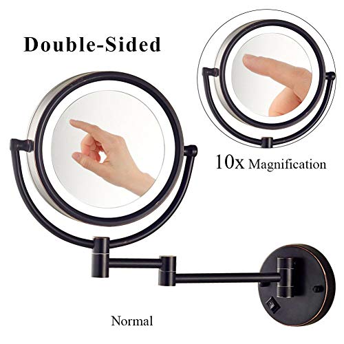 XNDCYX 8 Pulgadas Negro Espejo De Aumento De Pared, Espejo Tocador con Luz LED, 10X Aumento Doble Cara Giratoria De 360 ° Espejo De Maquillaje Espejo De Pared Extensible Baño