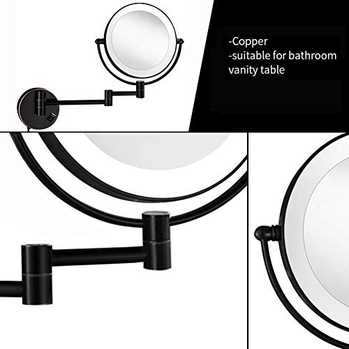 XNDCYX 8 Pulgadas Negro Espejo De Aumento De Pared, Espejo Tocador con Luz LED, 10X Aumento Doble Cara Giratoria De 360 ° Espejo De Maquillaje Espejo De Pared Extensible Baño