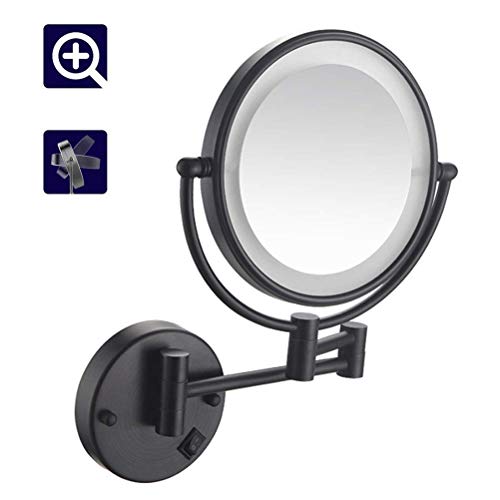 XNDCYX 8 Pulgadas Negro Espejo De Aumento De Pared, Espejo Tocador con Luz LED, 10X Aumento Doble Cara Giratoria De 360 ° Espejo De Maquillaje Espejo De Pared Extensible Baño