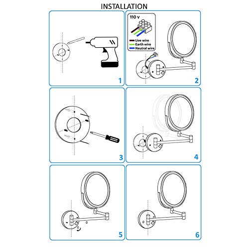 XNDCYX 8 Pulgadas Negro Espejo De Aumento De Pared, Espejo Tocador con Luz LED, 10X Aumento Doble Cara Giratoria De 360 ° Espejo De Maquillaje Espejo De Pared Extensible Baño