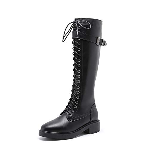 YALIXI Mujer Botas sobre La Rodilla, Botas Altas con Cordones De Otoño E Invierno Retro De Moda Más Botas De Caballero con Hebilla Transpirable De Terciopelo Tacón De 4 Cm,Black Plus Velvet,39EU