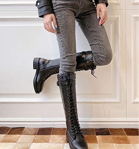 YALIXI Mujer Botas sobre La Rodilla, Botas Altas con Cordones De Otoño E Invierno Retro De Moda Más Botas De Caballero con Hebilla Transpirable De Terciopelo Tacón De 4 Cm,Black Plus Velvet,39EU