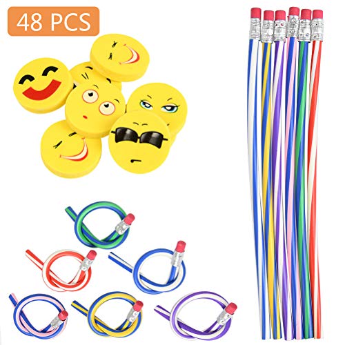 YANSHON Lápices Flexibles y Llantas Emoji Lápiz Suave Flexible Lápices Suaves Plegables para niños, Lápiz Suave Flexible 24pcs + Neumáticos 24pcs, Regalos Divertidos para niños