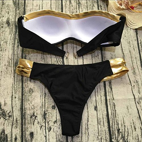 Yesmile Ropa de Baño Mujer Bikini Deportivo Sexy Traje de Baño Acolchados de Mujeres Verano Ropa de Playa Bañador Hueco de Dos Piezas Fuera de Hombro Bikini Dividido Dorado (M, Negro)