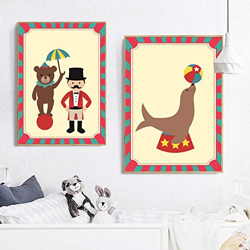 YHSM Circus Seal Bear Clown Magician Nordic Poster and Prints Wall Art Canvas Painting Cuadros de Pared para niños Baby Boy Room Decor 50X70cm Sin Marco 3 Piezas Set Descuento