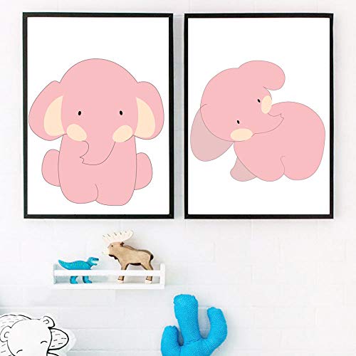 YHSM Pink Elephant Cartoon Cute Animal Wall Art Canvas Painting Nordic Posters and Prints Wall Pictures Baby Kids Room Decoración para el hogar 60X80cm Sin Marco 3 Piezas Set Descuento