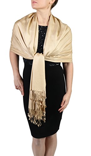 York Shawls Pashmina Chal Bufanda Estola - Acabado de borlas - Percha gratuita – Más de 20 colores - Hecho de mano (Dorado)