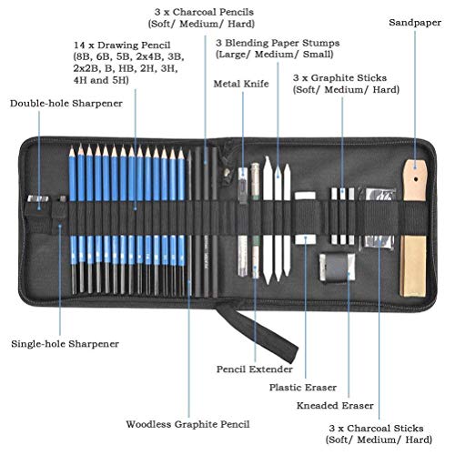 YOTINO 35Pcs Profesional Dibujo de Arte y Lápiz Dibujo Conjunto de Lápiz de Carbón, Lápiz de Grafito, Borrador Etc Herramienta de Dibujo a Lápiz Completo con Bolsa de Cremallera Portátil