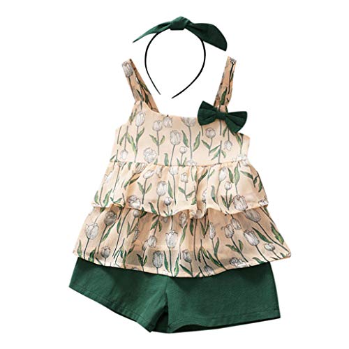 YWLINK 3PC Mezcla De Algodon Ropa De NiñOs Top Camisola Estampado TulipáN Camiseta+Pantalones Cortos De Color SóLido+Banda De Pelo Vestido De Fiesta(Verde,4-5 años/130)