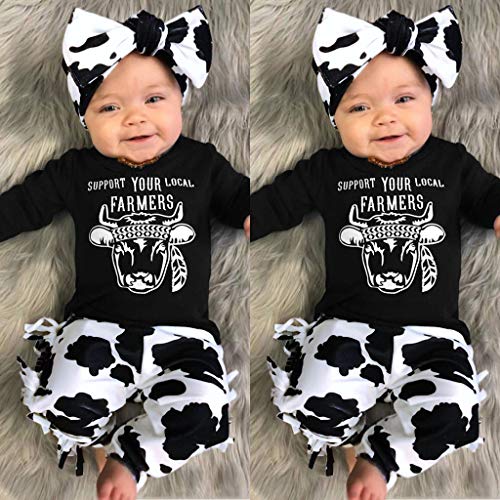 YWLINK ReciéN Nacido Bebé NiñA NiñO 3PC Traje Manga Larga Vaca Camiseta Arriba+Pantalones Manchados+Banda De Pelo Lindo Mono Moda Casual Pijamas Bautizo Bebe Regalo Ropa(Negro,6-12 meses/80)