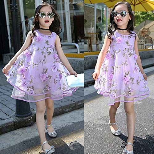 YWLINK Vestido NiñA,Verano Sin Mangas Vestido De La Flor del Chaleco del Fleco del Organza De Las Flores 3D,Vestido De La Princesa De La Boda Fiesta Regalo De CumpleañOs(Púrpura,6-7 años/130)