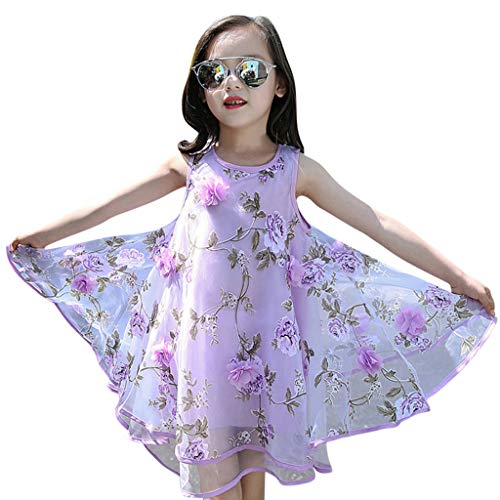 YWLINK Vestido NiñA,Verano Sin Mangas Vestido De La Flor del Chaleco del Fleco del Organza De Las Flores 3D,Vestido De La Princesa De La Boda Fiesta Regalo De CumpleañOs(Púrpura,6-7 años/130)