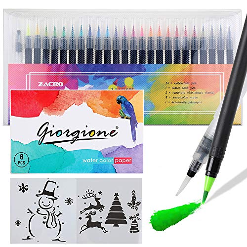 Zacro 24 Colores Rotuladores Pinceles Acuarelables,Pluma de Pinceles,1 Pincel de Agua,2 Plantillas y 8 Pcs Papeles de Dibujar Colorear/Plumilla Nylon/100% no tóxicos para Caligrafía,Pintura y Cómics.