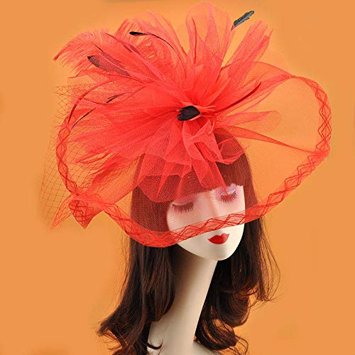 ZGHBJ Accesorios para el Cabello Pasarela exagerada Tocado de Hilo de Red Grande Vestido de Noche Personalidad Femenina Etapa Maquillaje Creativo Nupcial pequeño bombín Pluma Pelo joyería Rojo