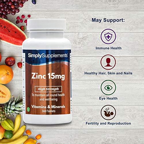 Zinc 15mg - ¡Bote para 1 año! - Apto para veganos - 360 Comprimidos - SimplySupplements