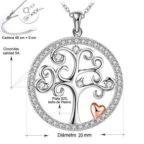 ZIRKONIA Colgante Arbol de la Vida Mujer - Plata de Ley 925 con Circonitas Grado 5A, Baño de Platino