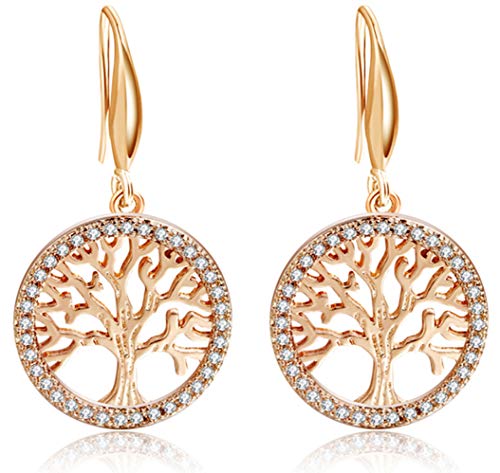 ZIRKONIA Pendientes Arbol de la Vida - Plata de Ley, Chapado Oro Rosa y Circonitas Grado AAA.