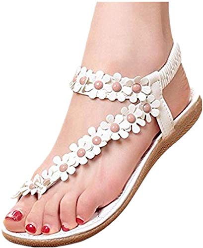 ZODOF Sandalias de Verano para Mujer Peep-Toe Zapatos Bajos Sandalias Romanas Chanclas de Damas Plano Talla Grande Bohemia Dulce con Cuentas Sandalias Casuales Zapatos de Playa