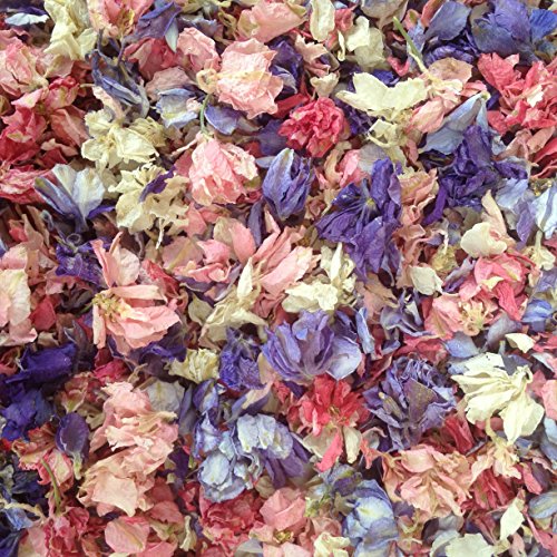 1 Litre of Natural Biodegradable Mixed Colour Delphinium Petals with a White Organza Bag - Wedding Throwing Confetti by Truly Madly Deeply Ltd