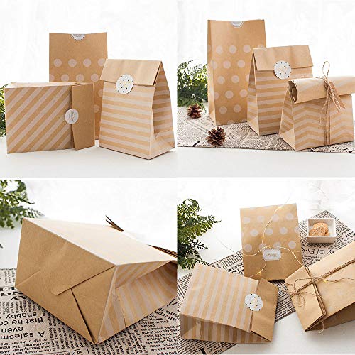 24pcs (15*9.7*27cm) Bolsas de Papel Kraft Bolsas de Regalo de Papel 4 Estilos + 24 Pegatinas + 2*5m Cuerdas Sin Asas para Navidad Boda Fiestas Cumpleaños Comida Caramelos Dulces Galletas Chocolates