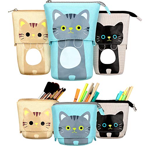 3 Piezas de Estuche Escolar con Dibujo de Lindo Gato Retráctil Portalápices de Transformador de Lona PU Bolsa de Cosméticos Maquillaje Bolsa de Papelería con Cremallera para Alumnos Chicos Chicas