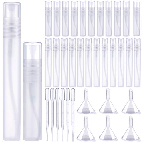 30 Mini Botella de Spray de Perfume Tubo de Perfume Esmerilado de Plástico Recargable Pulverizador de Niebla Fina Vacía de Perfume con 10 Mini Embudos y 10 Goteros Líquidos de Plástico, 10 ml, 5 ml