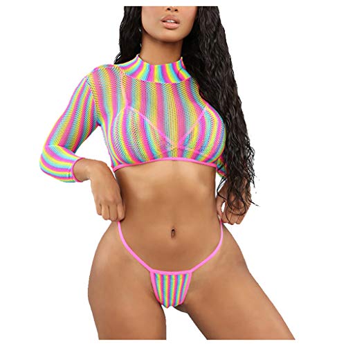 3PC Bañadores Mujer Sexy Bikini Tanga y Camiseta Manga Larga Top Corto Mallas Transparente Bañador Playa Verano Bra Swimwear Beachwear See Through Ajustado Yvelands(Rosado,S)