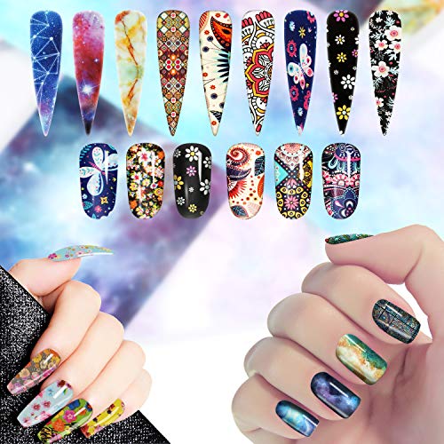 42 Piezas Nail Foil Transfer Sticker,MWOOT Holográfico Cielo Estrellado Nail Stickers Tips Wraps Transferencia Agua Pegatinas Uñas para DIY Manicura Decoración