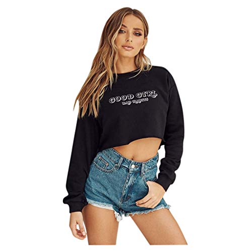 99AMZ Mujer Sudaderas Cortas - Otoño Invierno Good Girl Impresión Manga Larga Blusa Tops Cuello Redondo Casuales Sudaderas Sin Capucha Negras Camisas Mujer Sudaderas Ropa para Mujer Blusas (M)