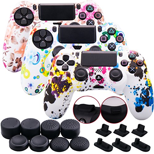 9CDeer 3 Piezas de Silicona Transferencia de Agua Protector Manga Caso Cubrir Piel Cover Skin 8 Thumb Grip 3 Conjuntos de a Prueba de Polvo Enchufe para Mando PS4/Slim/Pro Paquete de Graffiti 3