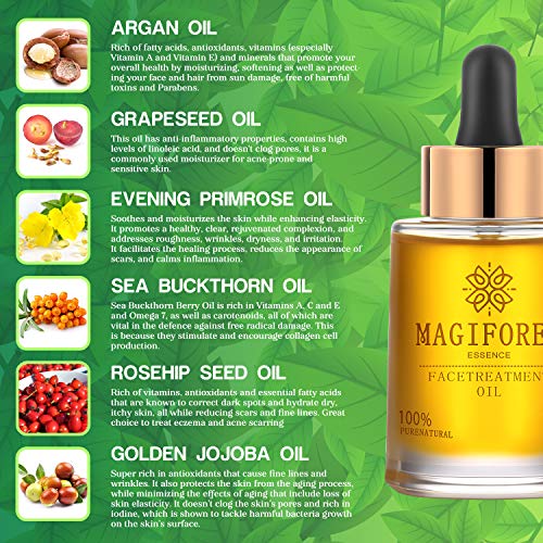 Aceite Facial, MagiForet Suero facial orgánico 30 ml, Aceite Vegano Antienvejecimiento, con Aceite de Jojoba Aceite de Argán Aceite de Rosa Mosqueta, Segura para la piel sensible