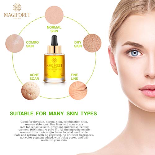 Aceite Facial, MagiForet Suero facial orgánico 30 ml, Aceite Vegano Antienvejecimiento, con Aceite de Jojoba Aceite de Argán Aceite de Rosa Mosqueta, Segura para la piel sensible