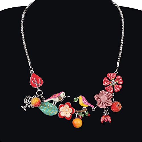 AdronQ Collar  Aleación De Esmalte Floral Bird Flower Beetles Árbol Frutal Gargantilla Collar Colgante Lovely Cartoon Jewelry For