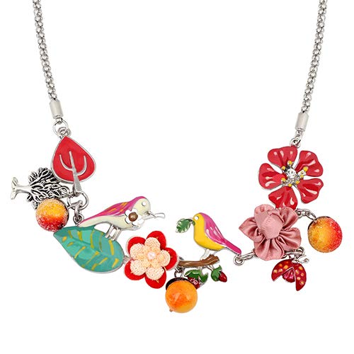 AdronQ Collar  Aleación De Esmalte Floral Bird Flower Beetles Árbol Frutal Gargantilla Collar Colgante Lovely Cartoon Jewelry For