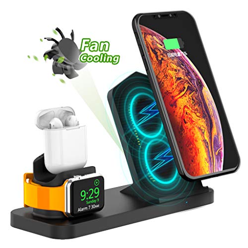 Adurei 3 en 1 Stand Enfriamiento Estación 10W Inalámbrico Carga Rápida Pad Compatible con iPhone XS Max/XS/8/8Plus (QI habilitado Teléfono) iWatch Sereis 4/3/2/1(Debajo de OS6.0) and Airpods(Negro)