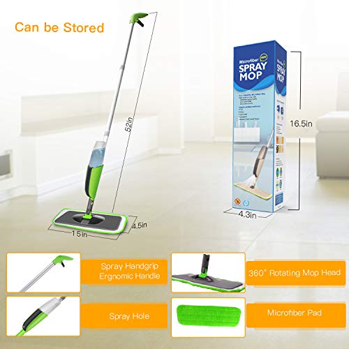 Aiglam Spray Mop, Mopa con pulverizador Limpiador de Ventanas y Escoba Barredora de Empuje Manual con Almohadilla de Microfibra Reutilizable para Suelos laminados, alicatados y de Madera (Verde)