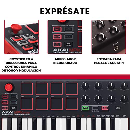 AKAI Professional MPK MINI MKII - Teclado controlador MIDI USB portátil con 25 teclas, 8 pads MPC, 8 potenciómetros, joystick, VIP 3 y paquete de software incluido - Estándar