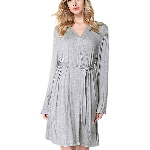 Albornoz Modal con Cuello en V para Mujer, cinturón - Albornoz Suave, Absorbente y cómodo, Pijama de Hotel SPA   Gris    S