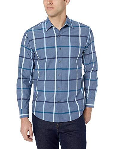 Amazon Essentials – Camisa informal de popelín de manga larga de corte recto estándar para hombre, Denim Large Plaid, US L (EU L)