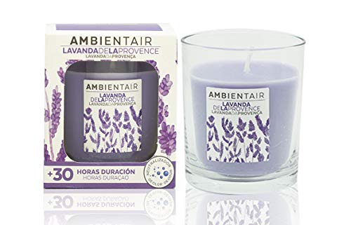 Ambientair. Vela aromática de Lavanda. Vela perfumada con cera vegetal y perfume natural con una duración estimada de 30 horas. Disfruta de la aromaterapia en tu casa con esta vela en vaso de cristal.