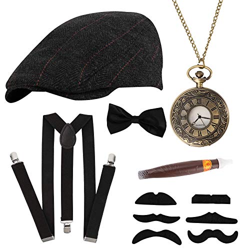 AMITD Gángster Disfraz años 20 Hombre Accesorios, Conjunto de Gran Gatsby Accesorios Incluye Gorro de Panamá, Bigote, Tirantes Hombre elásticas, Pajarita para Hombre y Reloj de Bolsillo Vintage