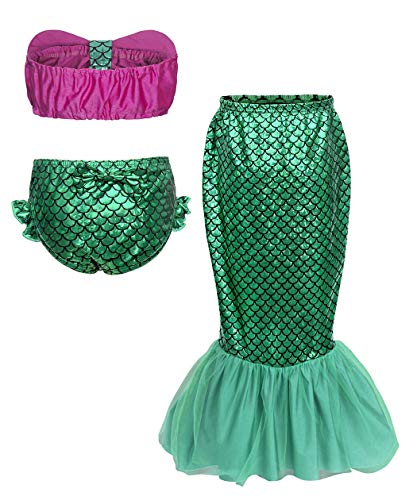 AmzBarley Sirenita Traje Baño Fiesta Sirena Bañador Bikini Set Niña Cumpleaños Princesa Disfraz Vereno Nadar Niña 3 Piezas Top Cortos 3-4 Años