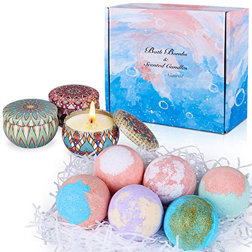 Aottom 6 Piezas Bombas de Baño y 3 Velas Aromaticas Perfumadas Set de Regalo de Bomba de Baño Bath Ball Natural Spa para el cuidado y la relajación, Regalos para Mujeres, Mamá, Novia