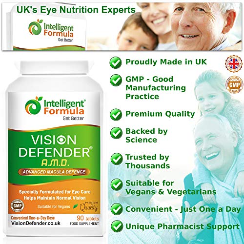 AREDS2 VISION DEFENDER AMD – Fórmula AREDS 2 conveniente para veganos de una vez al día (suministro para 3 meses – 90 tabletas), Suplemento nutricional y de salud para ojos de alta calidad con Luteína, Multivitaminas y Minerales por Intelligent Formula