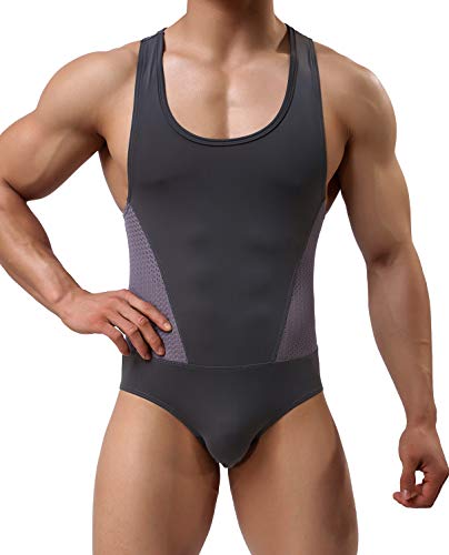 Arjen Kroos Hombre Maillot Leotardo Ropa Interior Deportiva Sexy Bodysuit Deportivo de Hombre para Gimnasia Danza Bañador Bodies Elásticos (Gris, M(76-81cm))