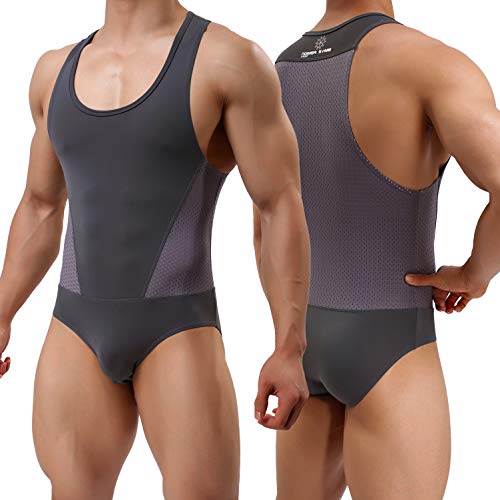 Arjen Kroos Hombre Maillot Leotardo Ropa Interior Deportiva Sexy Bodysuit Deportivo de Hombre para Gimnasia Danza Bañador Bodies Elásticos (Gris, M(76-81cm))