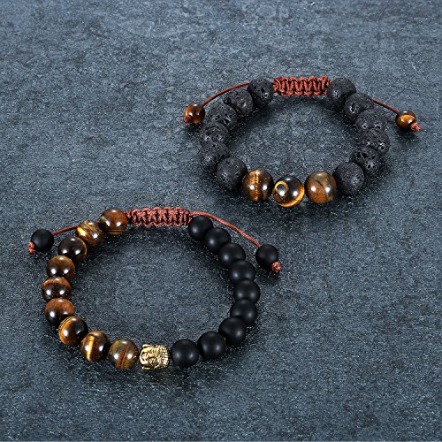 Aroncent Pulsera Budista de Buena Suerte con Cuentas de Lava Roca Piedra de Ojo de Tigre Brazalete Rezado Ajustable con Cabeza de Buda para Pareja 10mm 2PCS