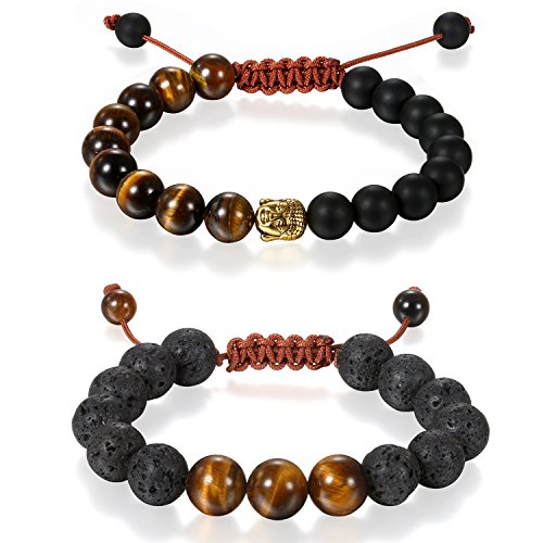 Aroncent Pulsera Budista de Buena Suerte con Cuentas de Lava Roca Piedra de Ojo de Tigre Brazalete Rezado Ajustable con Cabeza de Buda para Pareja 10mm 2PCS