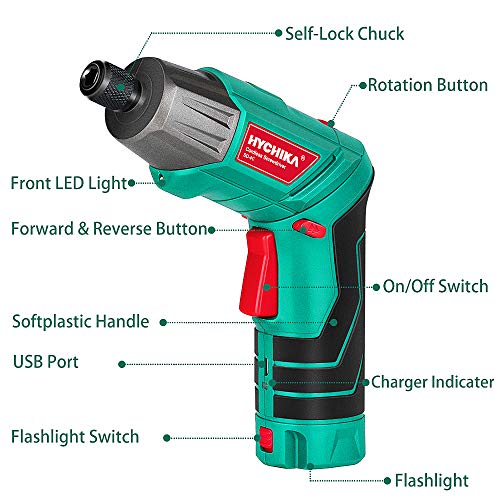 Atornillador Eléctrico 6N.m, HYCHIKA Destornillador Inalámbrico (Máximo Par 6 N.m, 3.6V, 2.0Ah) LED Luz como Linterna, Llave de Trinquete, Cargador con Cable USB, 36 Accesorios, Estuche portátil